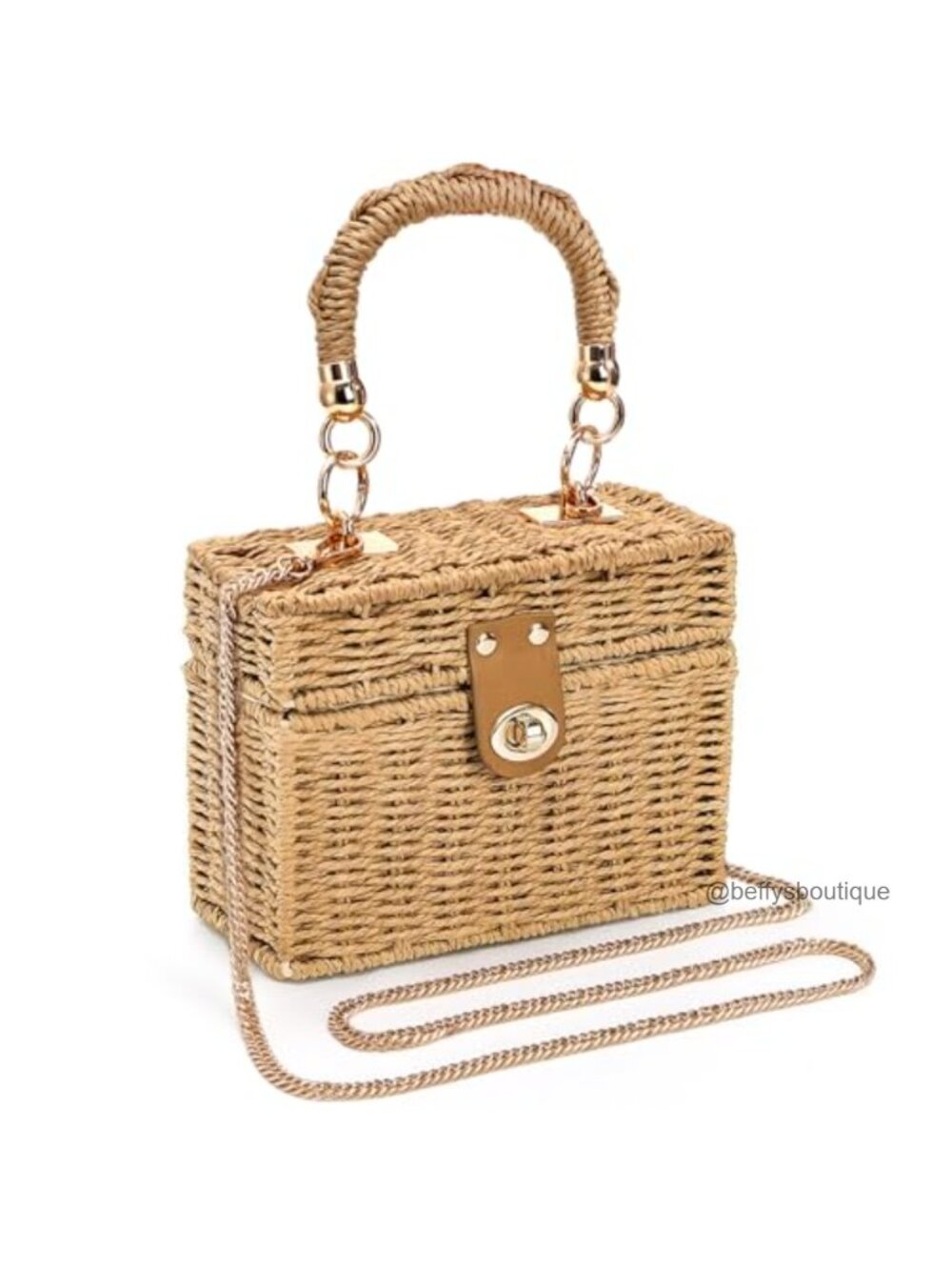 Handmade Woven Square Straw Crossbody Bag with Gold Chain Strap